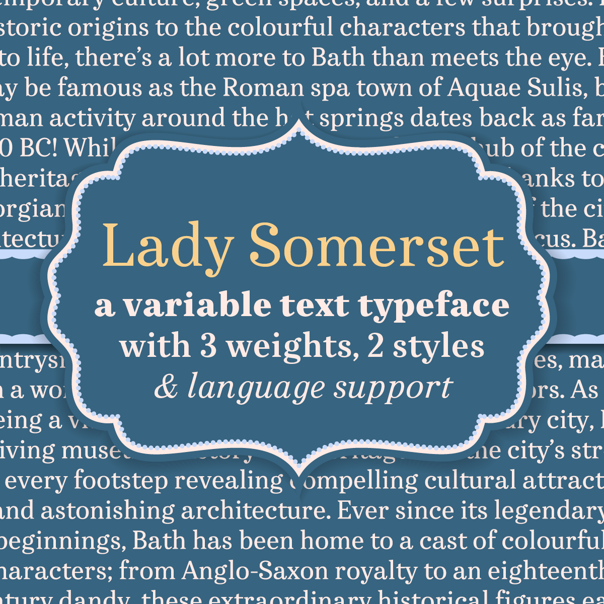Lady Somerset title image. Lady Somerset a variable text typeface with 3 weights, 2 styles & language support. Text type about Bath, UK running in the background.